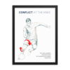 Conflict At The Knee Framed Poster showing a soccer player about to kick a ball with knee in an awkward position, highlighting knee joint torsion and compensatory movement patterns.