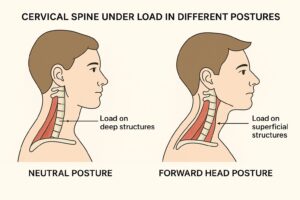 Diagram showing changes in deep neck muscles in cervical spine loading from neutral to forward head posture.