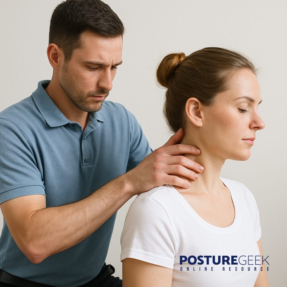 Practitioner assessing clients deep neck muscles through movement and palpation techniques.