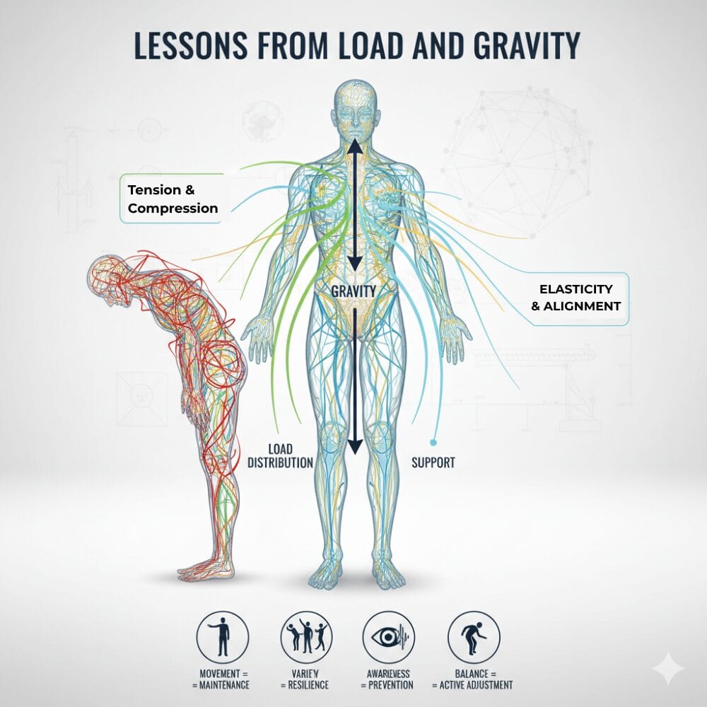 Human posture balancing gravity and load through movement mechanics