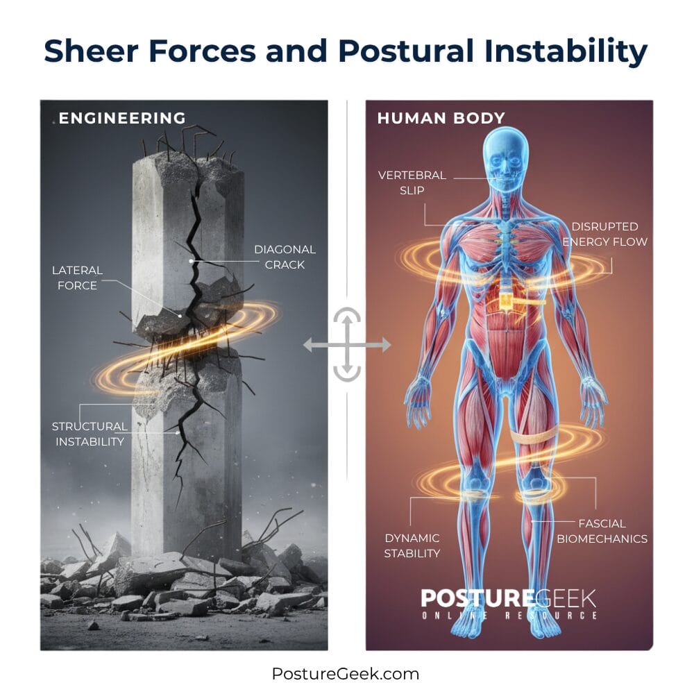 Shear instability visualized in postural biomechanics